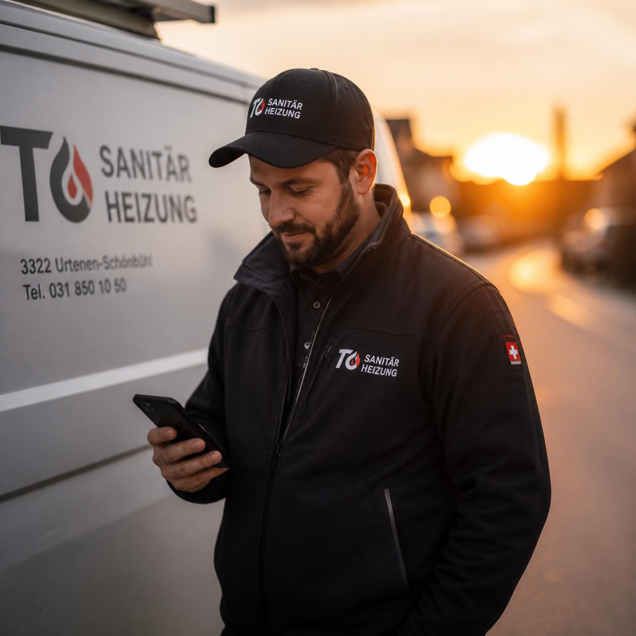Handwerker vor seinem Servicefahrzeug schickt eine Sprachnachricht